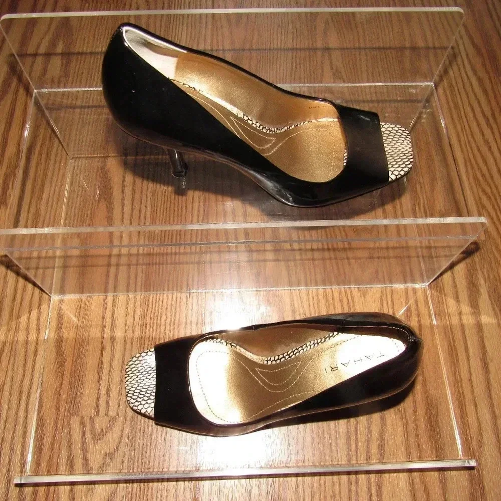 TAHARI Riddle Black Peep Toe Leather Pumps Sz 6.5M